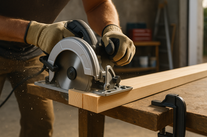 The final image must look like a professional carpentry action shot, as if photographed mid-job for a DIY magazine or builder’s merchant catalogue. The focus is on the timber, the vertical cut, and the authentic workshop environment — with dust, texture, and atmosphere that feel 100% real.